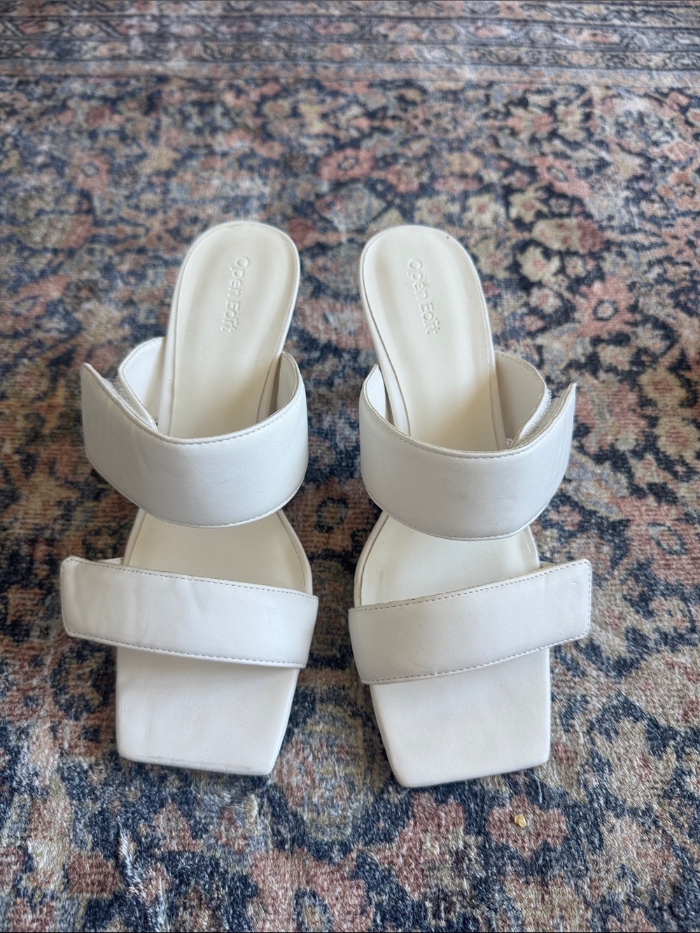 Open Edit White Leather Double Band Square-Toe Slide Sandals